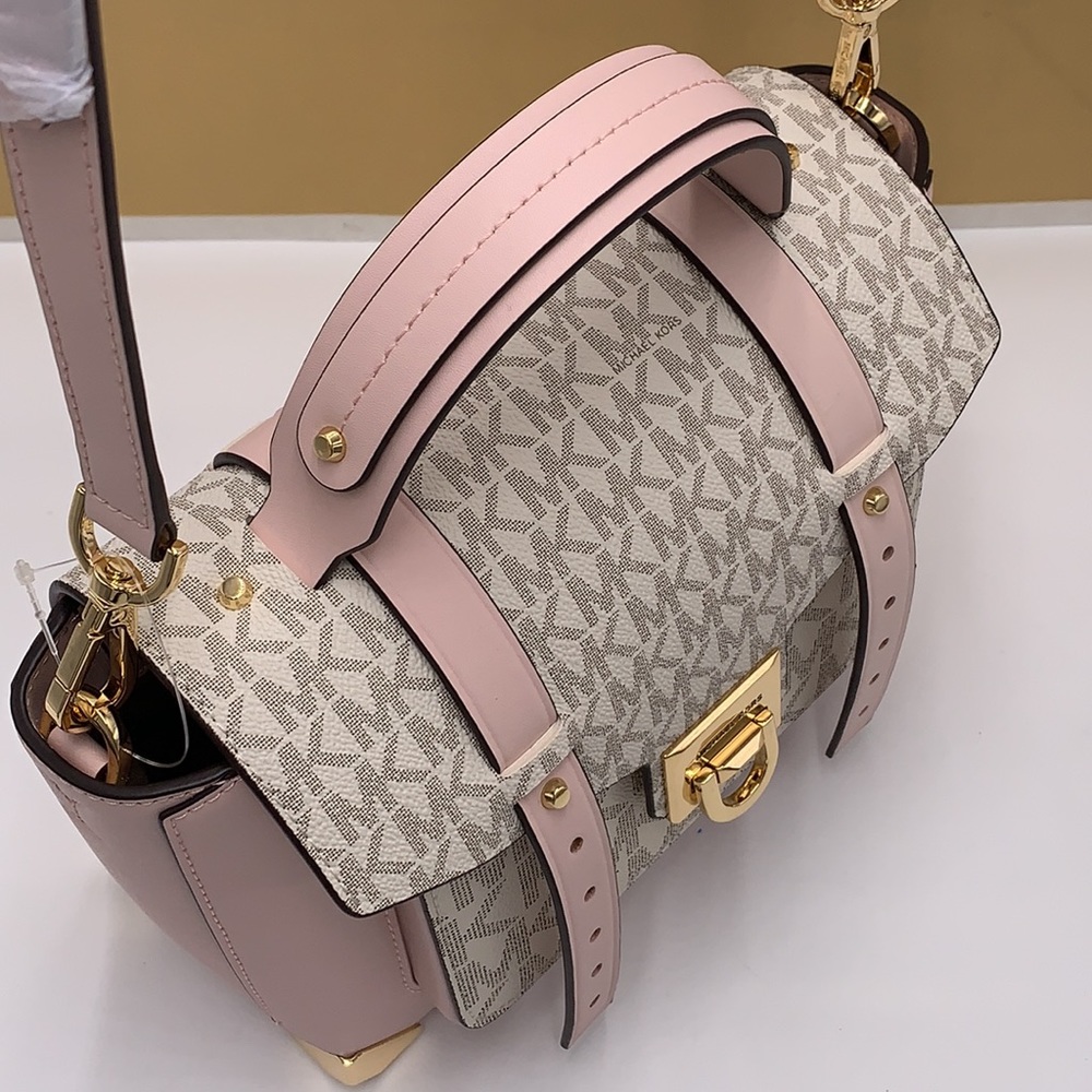 MICHAEL KORS 
Manhattan Medium Leather and Logo Satchel POWDER BLUSH MULTI COLOR - Picture 11 of 13